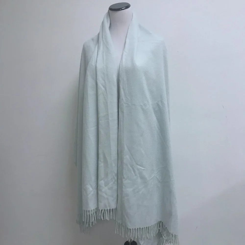 Hermes aqua blue heavyweight cashmere throw blanket shawl vintage fringed large